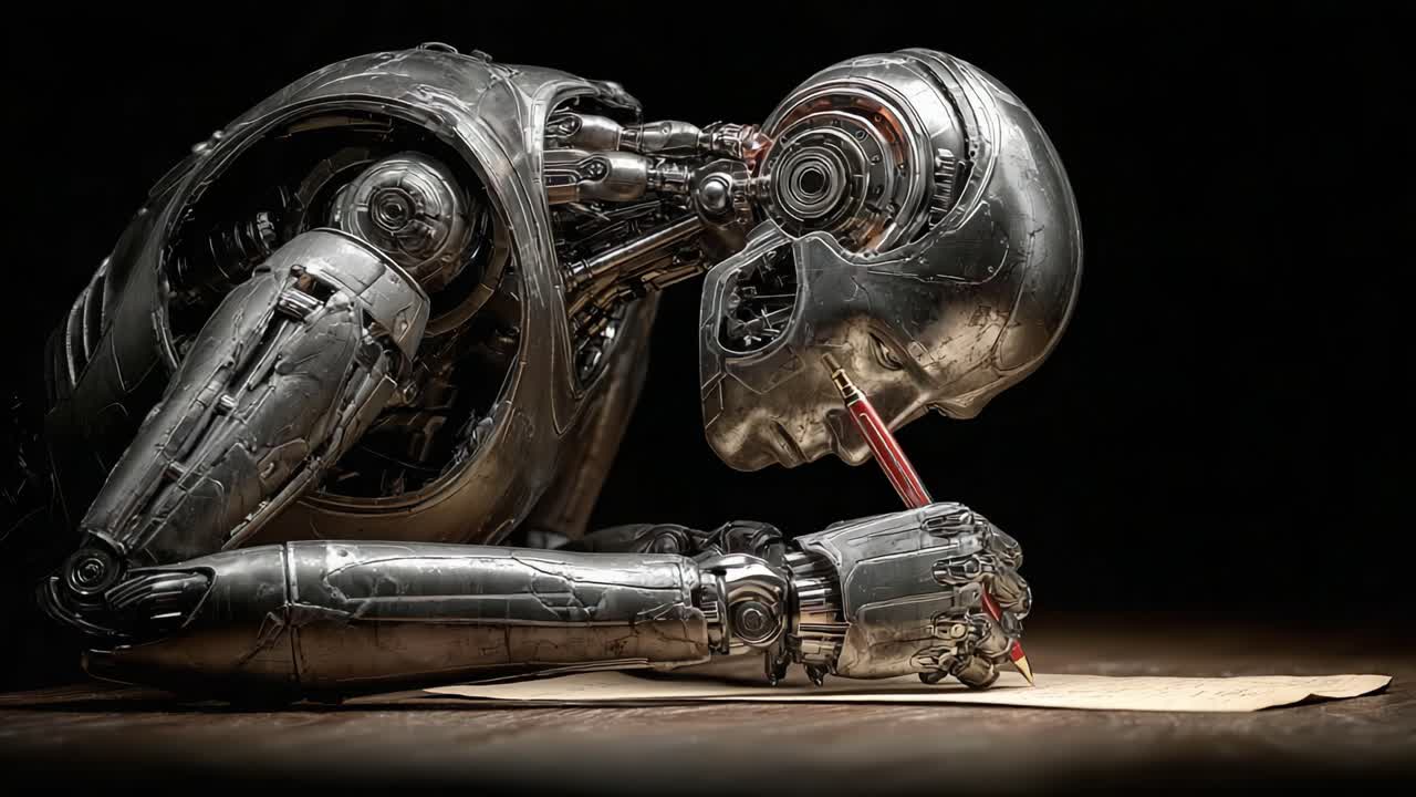 Un robot metallico si immerge nell'espressione creativa mentre scrive attentamente su un foglio di carta, mostrando l'intersezione tra tecnologia e arte in un'ambientazione futuristica.