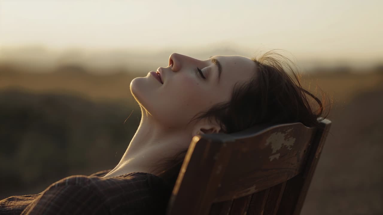 Donna sdraiata con un top su una sedia scheggiata e usurata, che annuisce in un campo mentre il sole caldo le accarezza il viso