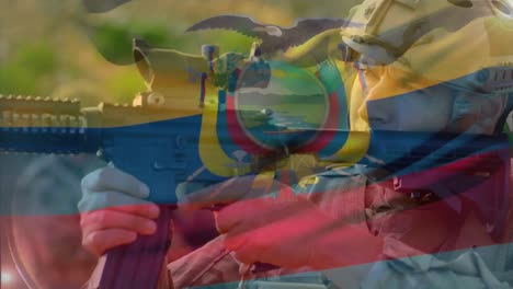 animation of flag of colombia over caucasian male soldier aiming with rifle