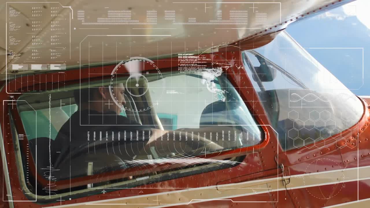 анимация обработки данных над кавказским мужчиной-пилотом в самолете.