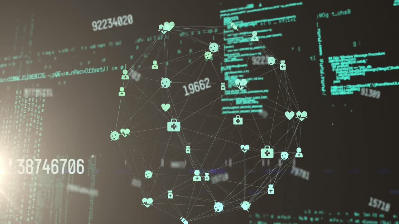 Animation of globe of network of connections with icons and symbols