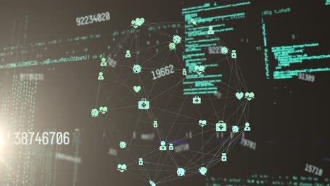 animazione del globo della rete di connessioni con icone e simboli