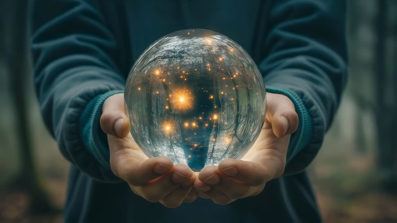 Crystal Ball in Hands Reflecting a Forest