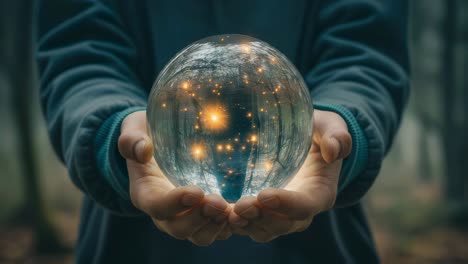 crystal ball in hands reflecting a forest