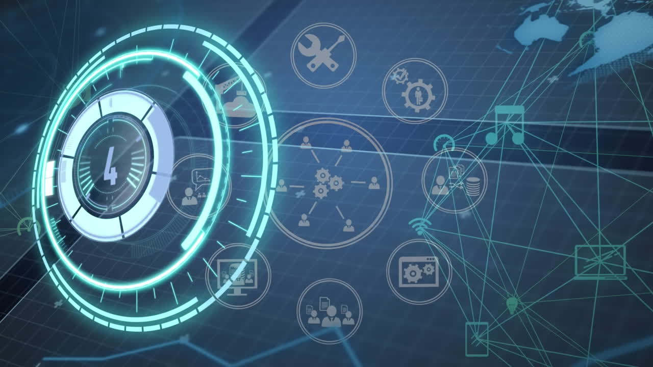 animación del escaneo del alcance a través de la red de conexiones con iconos en fondo negro