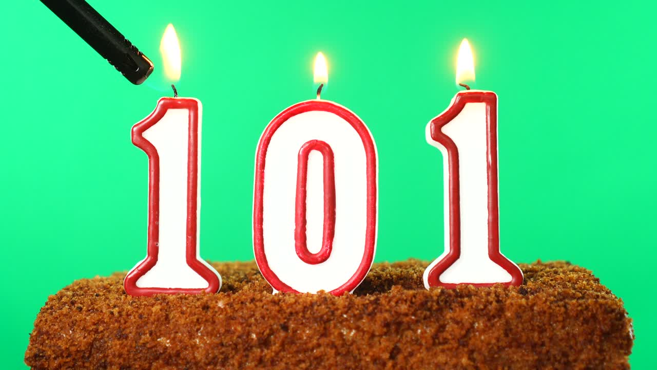 Cake with the number 101 lighted candle. Chroma key. Green Screen. Isolated