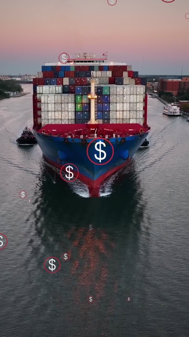 Aerial view of massive container ship cruising along American river at sunset. Digital dollar symbols represent global trade, finance, logistics and modern economic movement worldwide. Motion graphic