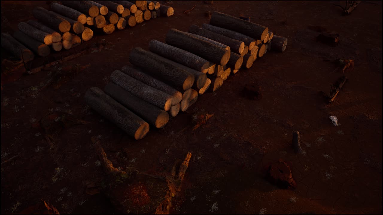 troncos de árboles dejados después de la deforestación, hora de la puesta del sol