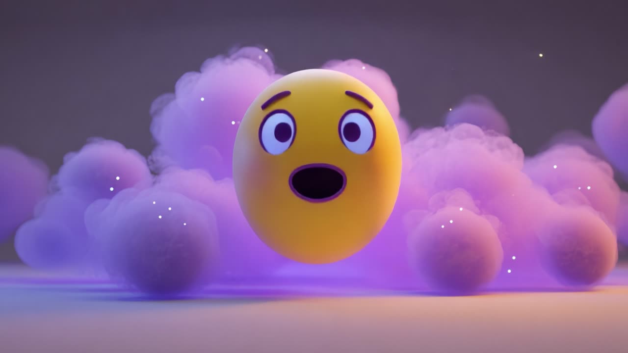 A playful and expressive emoji amidst a dreamy purple cloud ambiance, showcasing a range of emotions through its animated facial expressions, inviting joy and imagination