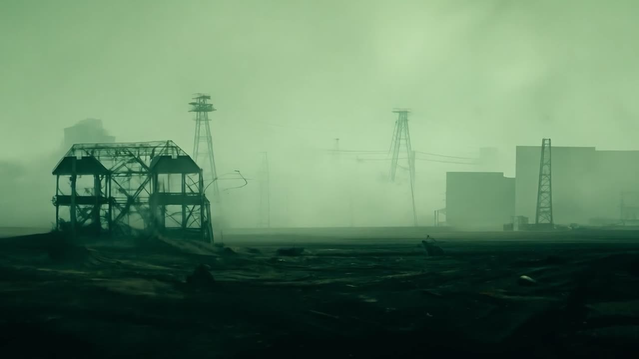 sitio industrial abandonado en una niebla