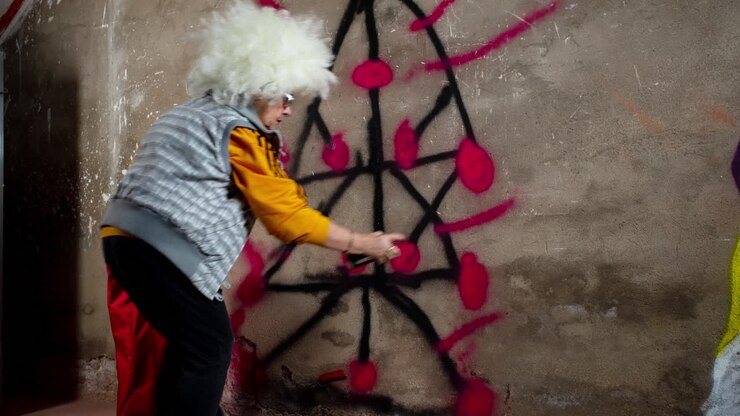 nonna artista di graffiti ribelle contro un muro urbano
