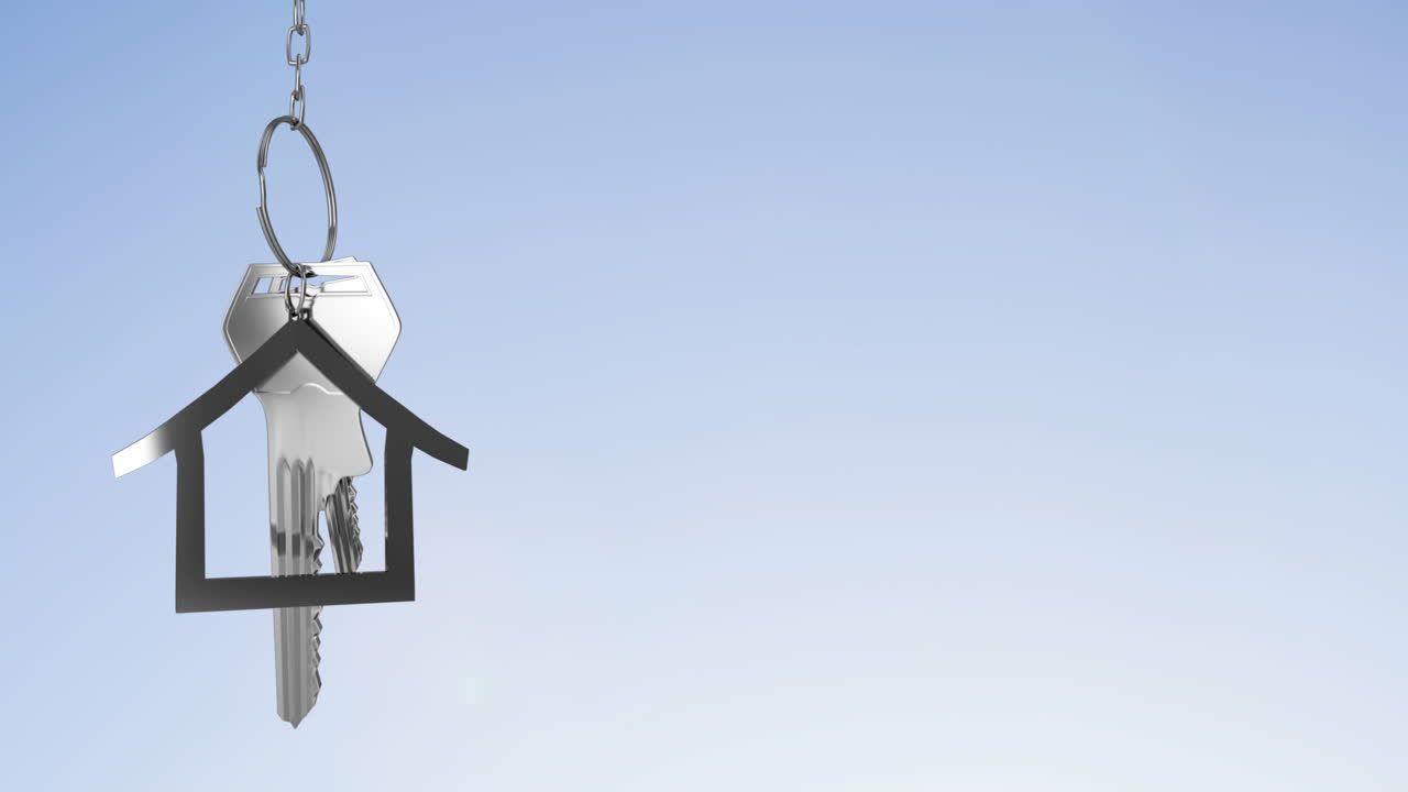 animación de las llaves de la casa de plata contra el espacio de copia en un fondo de gradiente azul