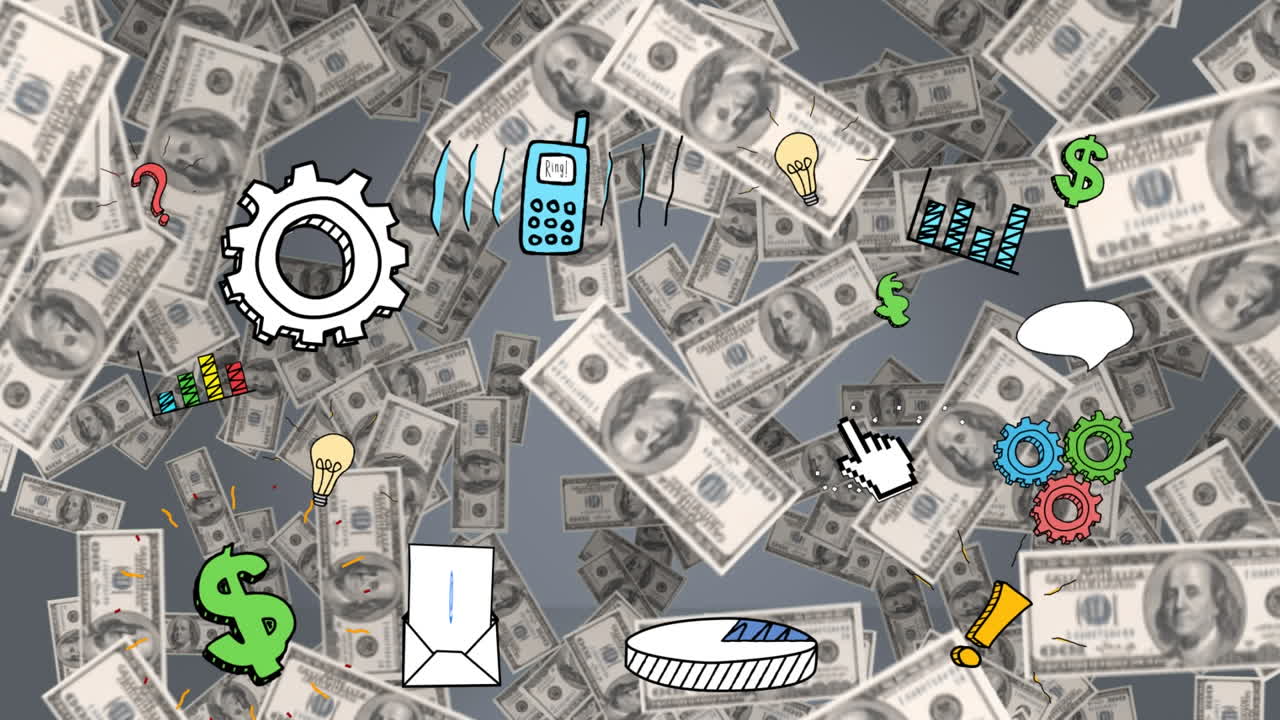 디지털 아이콘의 애니메이션 미국 달러 지폐가 회색 바탕에 떨어집니다.