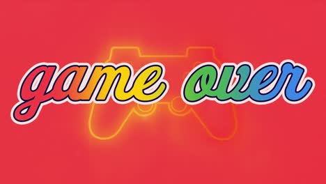 animación del juego sobre el texto sobre el panel de juego de neón sobre fondo rojo