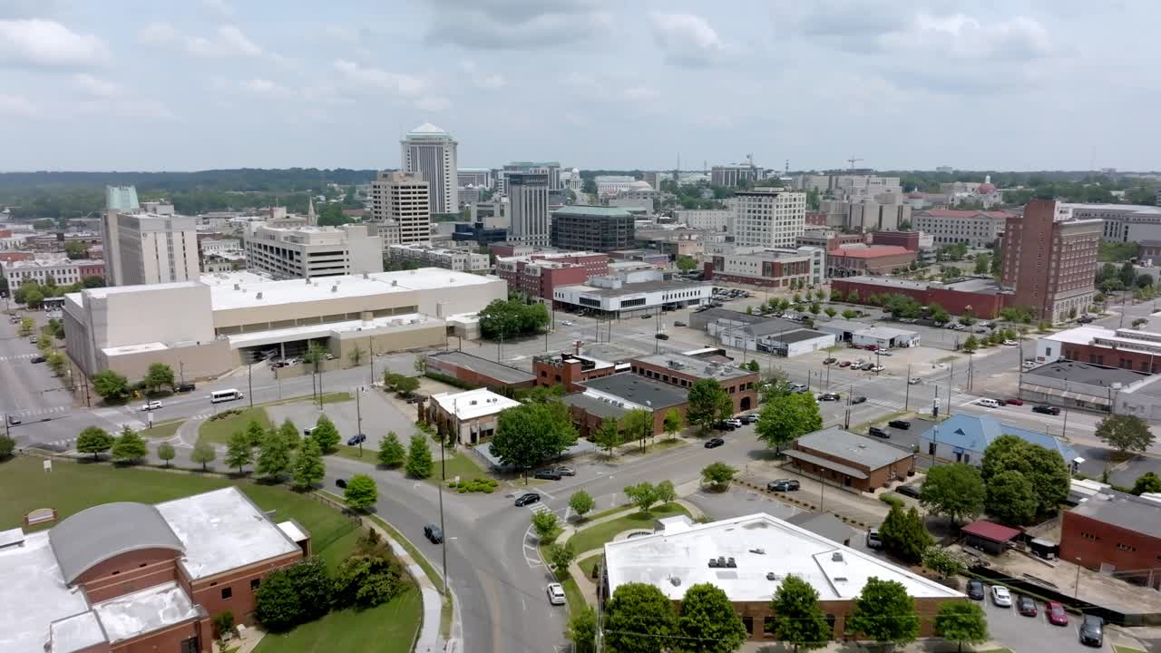 Montgomery, Alabama skyline wide shot with drone video moving in