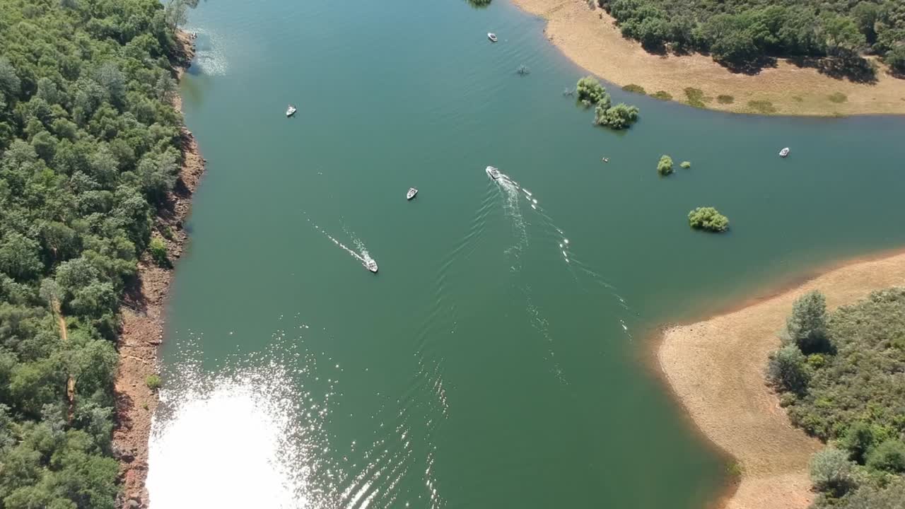 barcos de vista aérea en la bifurcación sur del lago folsom, condado de el dorado, california