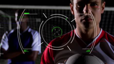 Animation-of-digital-interface-with-safe-lock-rotating-over-football-players