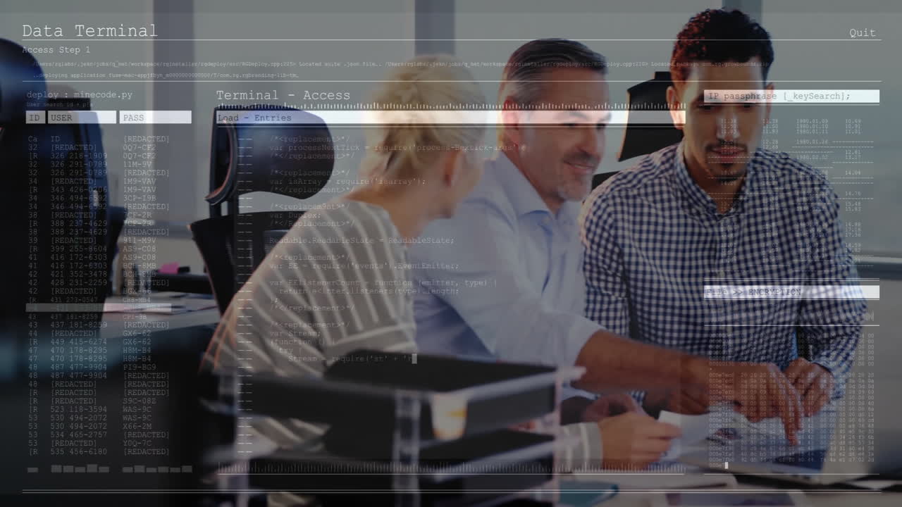 Collaborating in office, business team using animation for data terminal interface