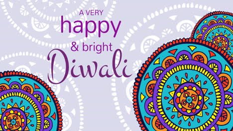 animación de texto feliz de diwali y formas coloridas sobre fondo rosa