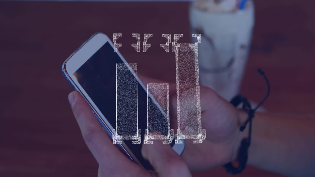 Polegares tocando um telefone branco, barras holográficas subindo, reorganizando e estabilizando para pré-visualização de dados