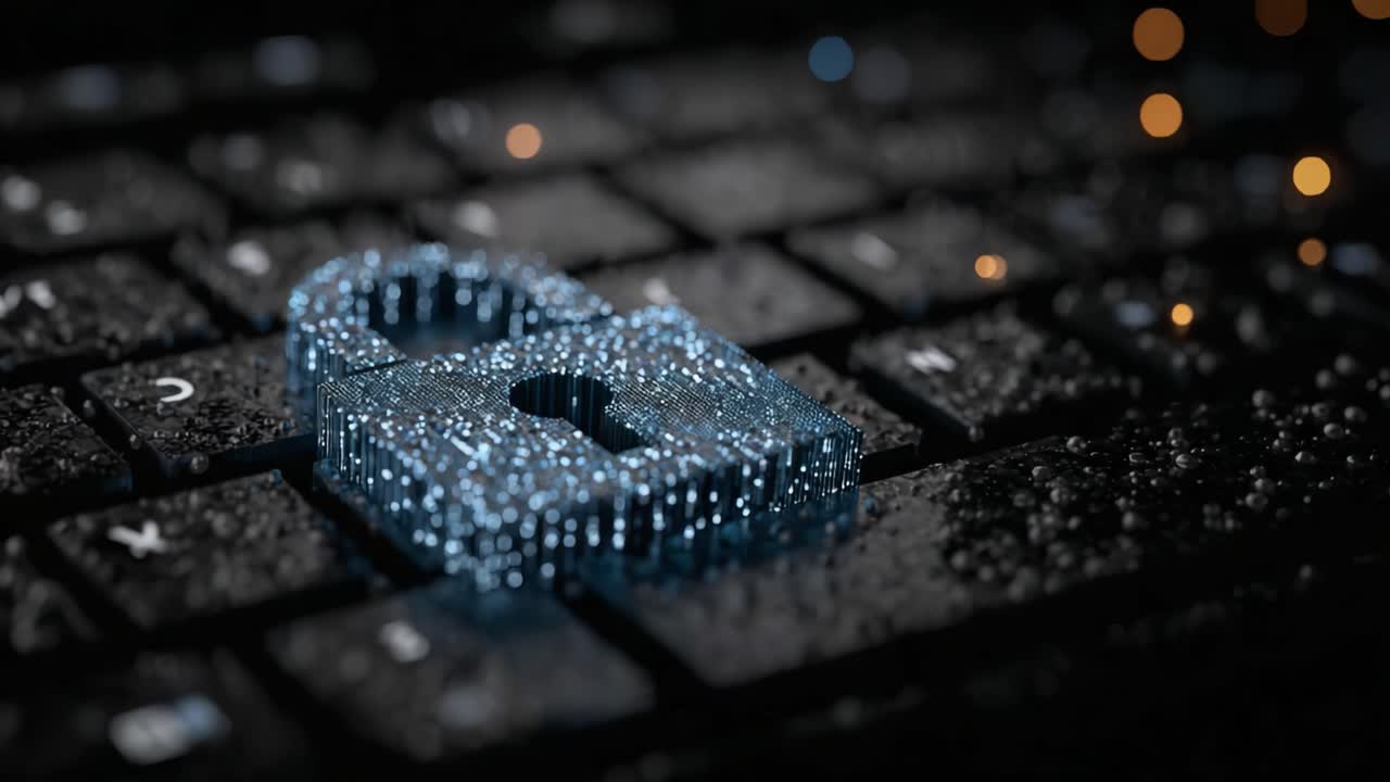 A Visually Striking Representation of Cybersecurity: A Rain-Drenched Keyboard with a Shimmering Digital Lock Symbolizing Protection and Privacy in the Digital Age