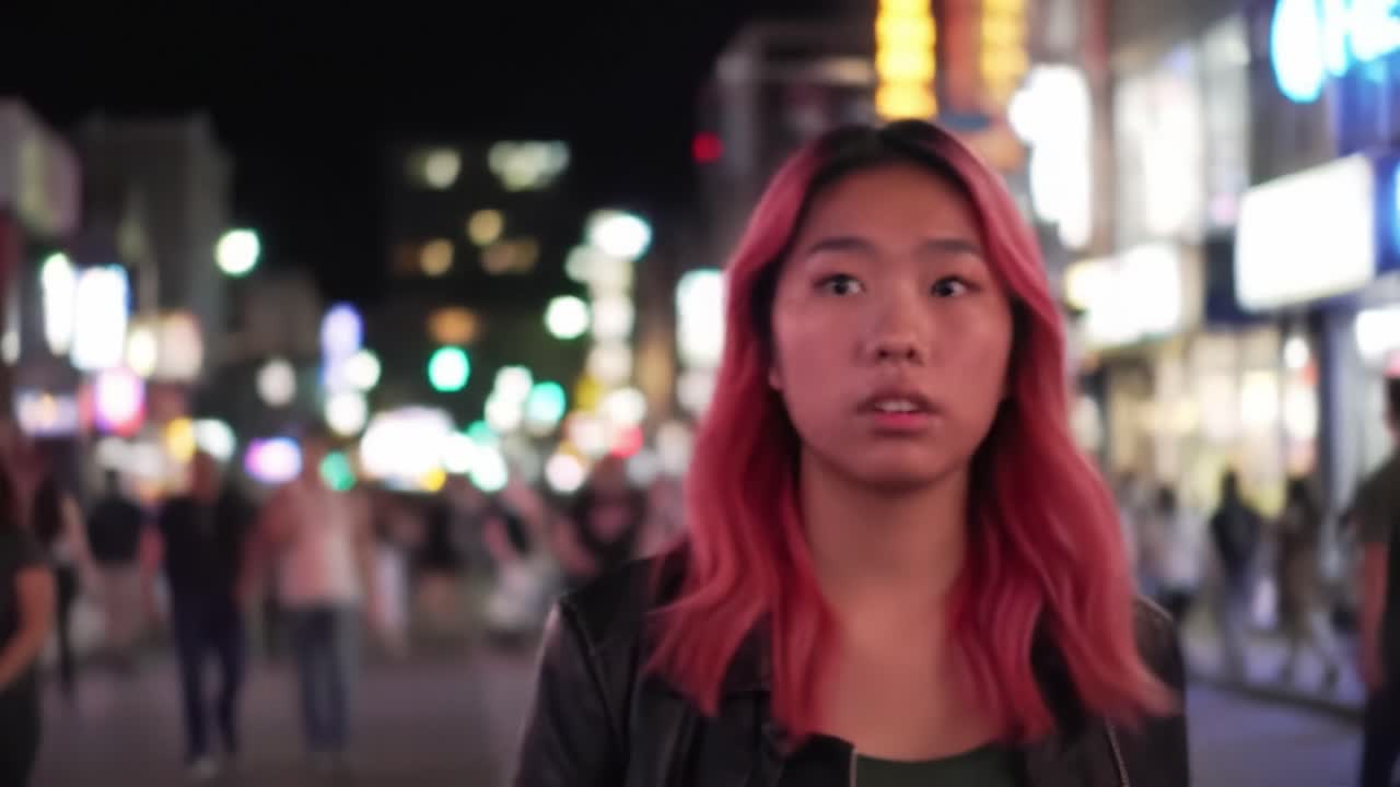 A young woman with pink hair strolls through lively city streets illuminated by bright lights. She observes the nightlife and the diverse crowd around her as she enjoys the atmosphere.