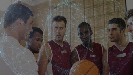 basketball team strategizing with digital network animation in locker room