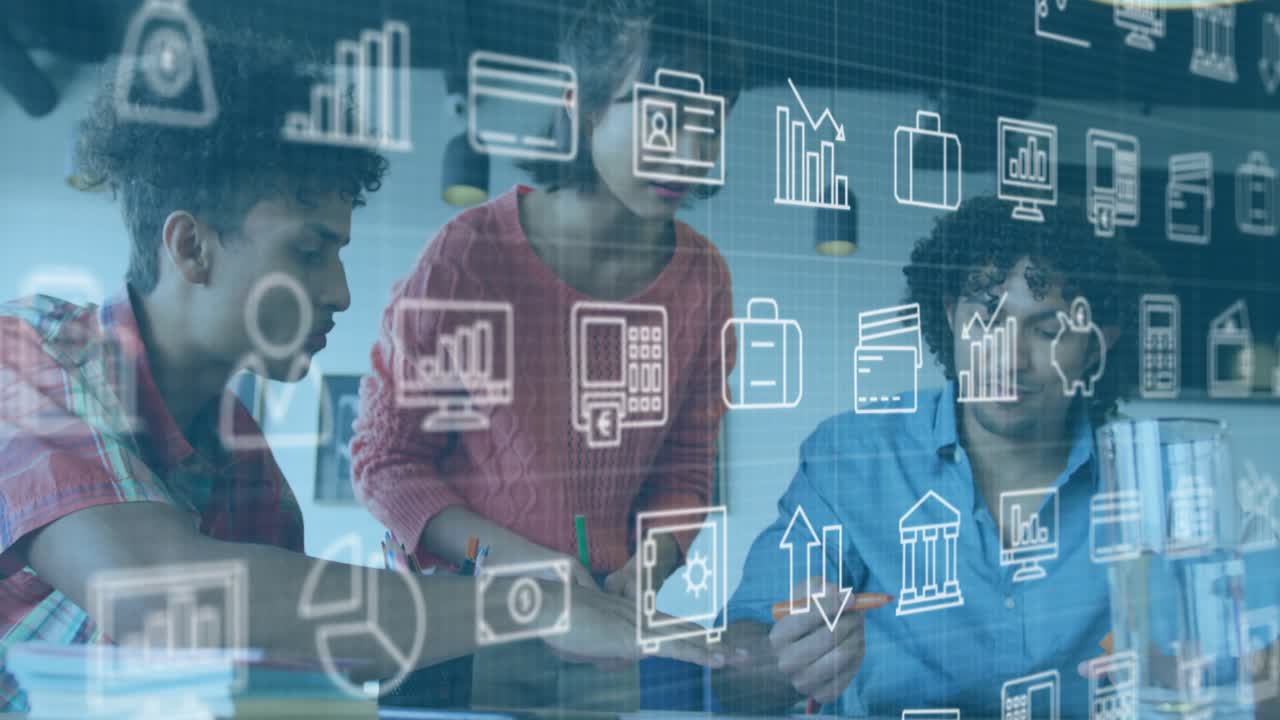 Left gesturing, center leaning, reviewing, right noting with orange pen, finance graphs overlaying
