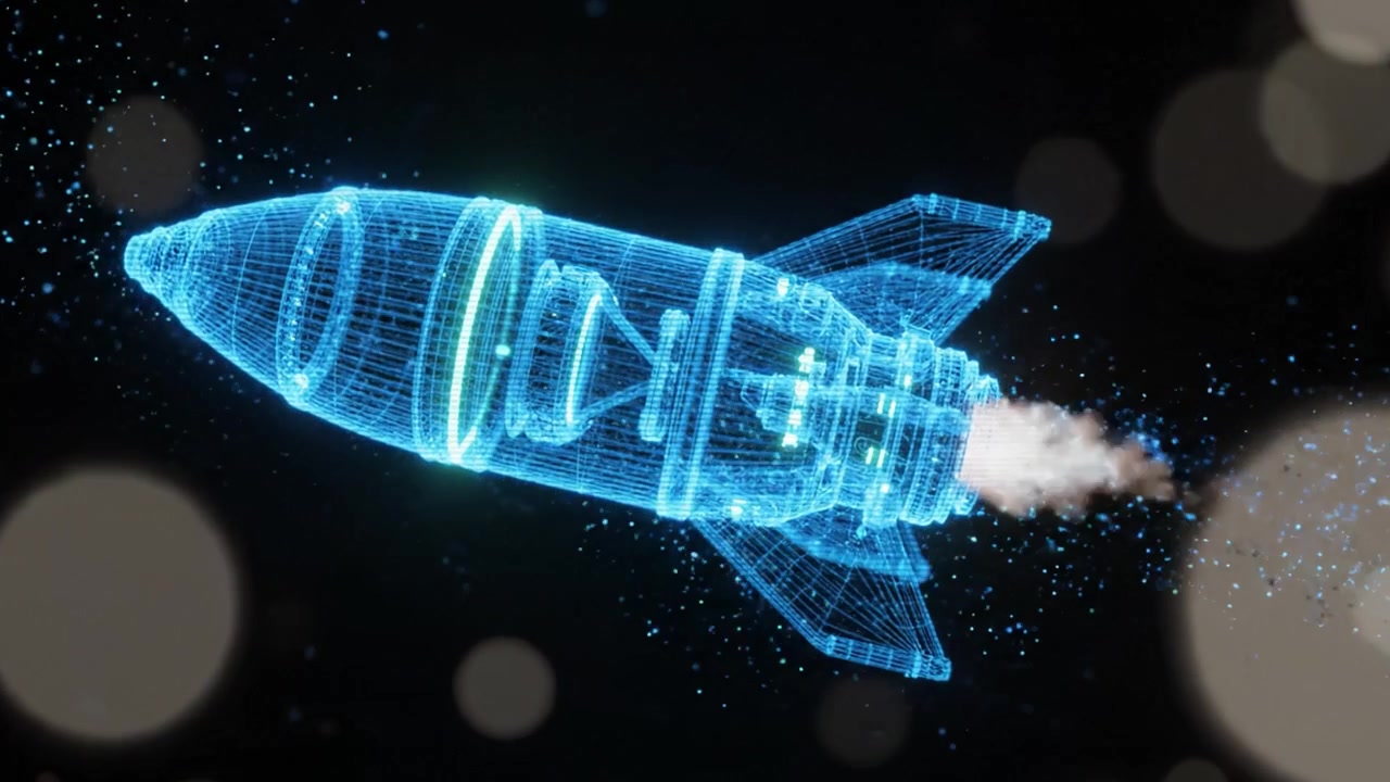 Animação futurista de lançamento de foguete em design holográfico, exibindo tecnologia avançada e movimento com uma impressionante estrutura de wireframe azul e efeitos de partículas.