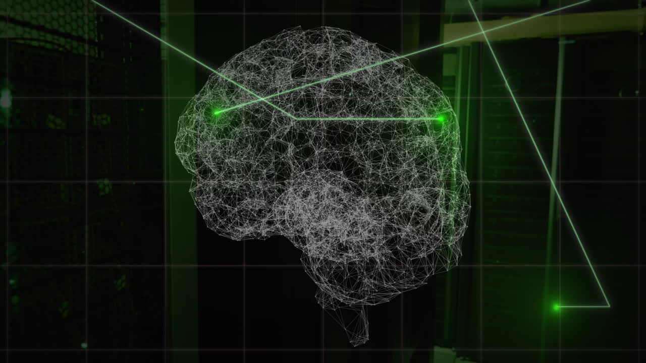 Animation of connections and digital brain over server room