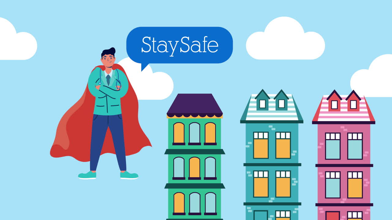 영웅의 망토와 건물을 입은 전문적인 남성 의사