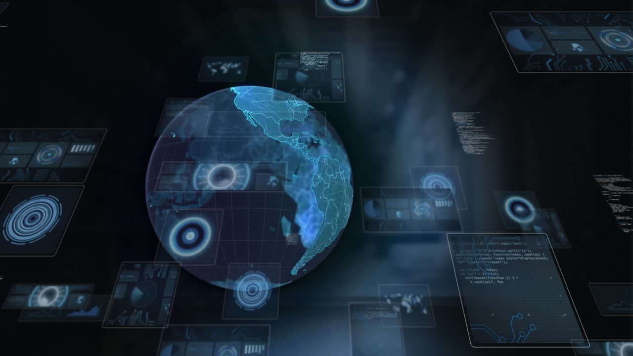 Animation of data processing with scope scanning and globe over warehouse
