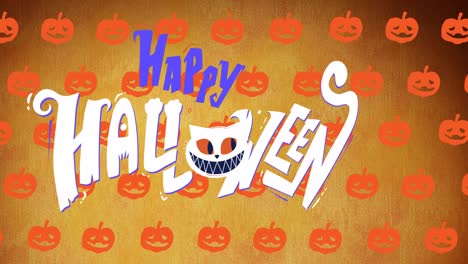 Animation-Eines-Fröhlichen-Halloween-Textes-über-Kürbissen-Auf-Orangefarbenem-Hintergrund
