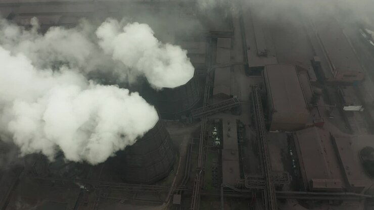 Aerial view of an industrial pipe pollutes the air next to people living in the city. Create a Greenhouse effect