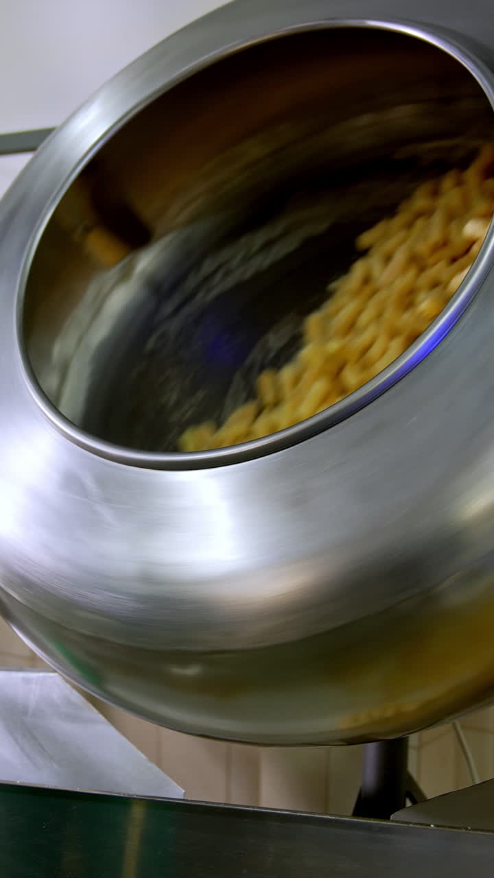 Two metal rotating tanks filled with sweet snacks. Corn sticks being covered with sugar syrup from a special disperse device. Vertical video