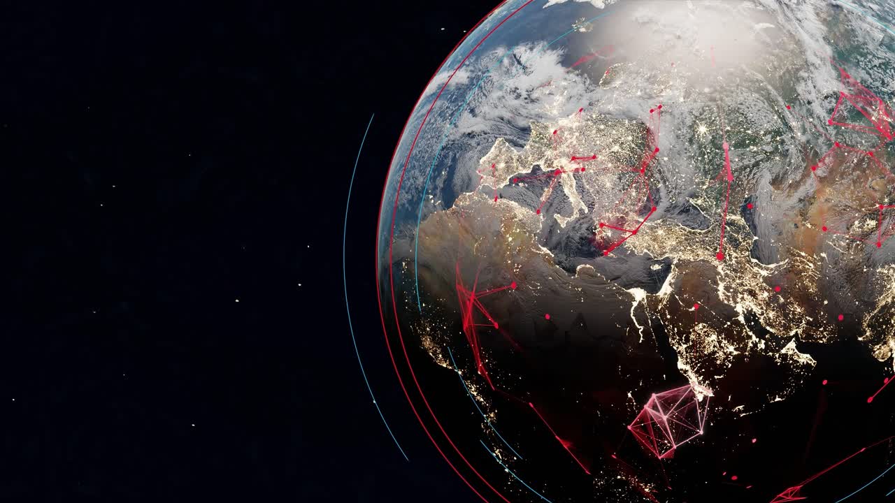 earth globe view from  dark space with electromagnetic pollution field connection internet between big city and light pollution 3d rendering animation