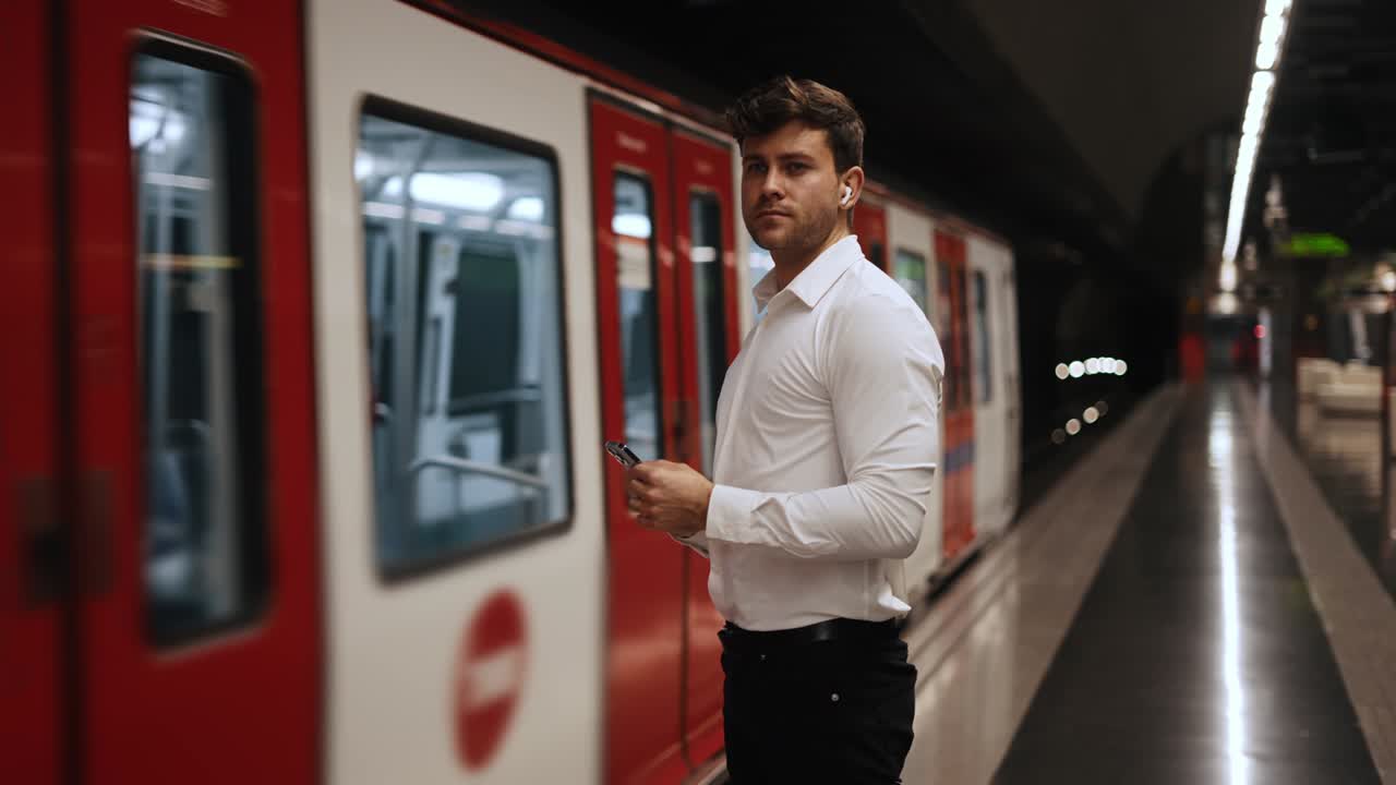 Businessman with smartphone waiting for train