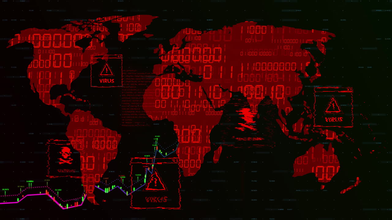 Animation of digital world map with virus alerts in red binary code