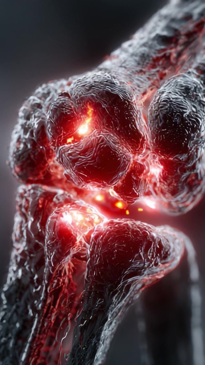 Detaljert 3D-visualisering av et menneskelig kneledd som fremhever betennelse med et strålende rødt skjær for å understreke smerte og strukturelle endringer i leddbrusken.