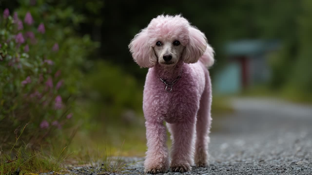 Un barboncino rosa giocoso cammina con sicurezza lungo un sentiero panoramico circondato dal verde, mettendo in mostra il suo colore unico del pelo e la sua affascinante personalità in ambienti tranquilli.