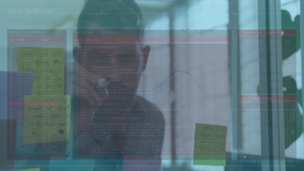 Animation of data processing over caucasian businessman taking notes
