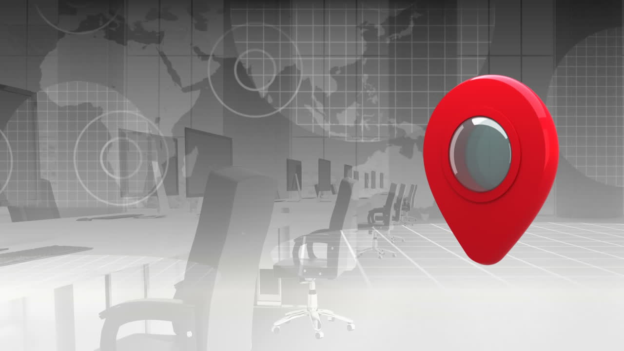 animación del pin de ubicación rojo sobre la sala de reuniones y el mapa del mundo sobre fondo gris