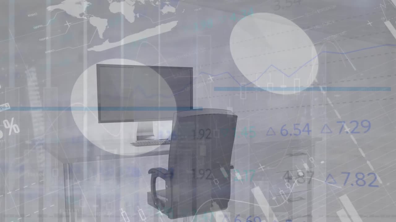 컴퓨터로 오피스 데스크에서 금융 데이터 처리의 애니메이션