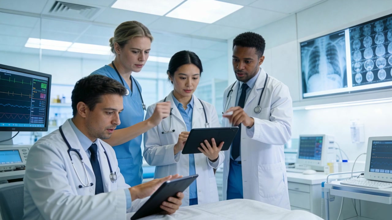 Starting review doctor focusing tablet, team lab coats scrubs checking vitals, chest xray, planning