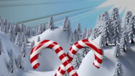 Animation-of-candy-canes-over-night-winter-landscape