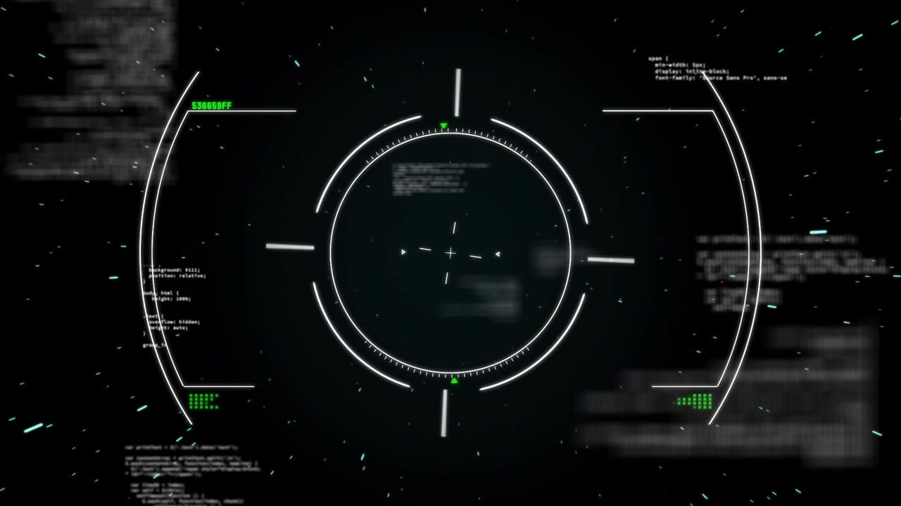Futuristisk HUD-grænseflade spinner i mørk overlejring, viser grønne kodefragmenter og turkise striber