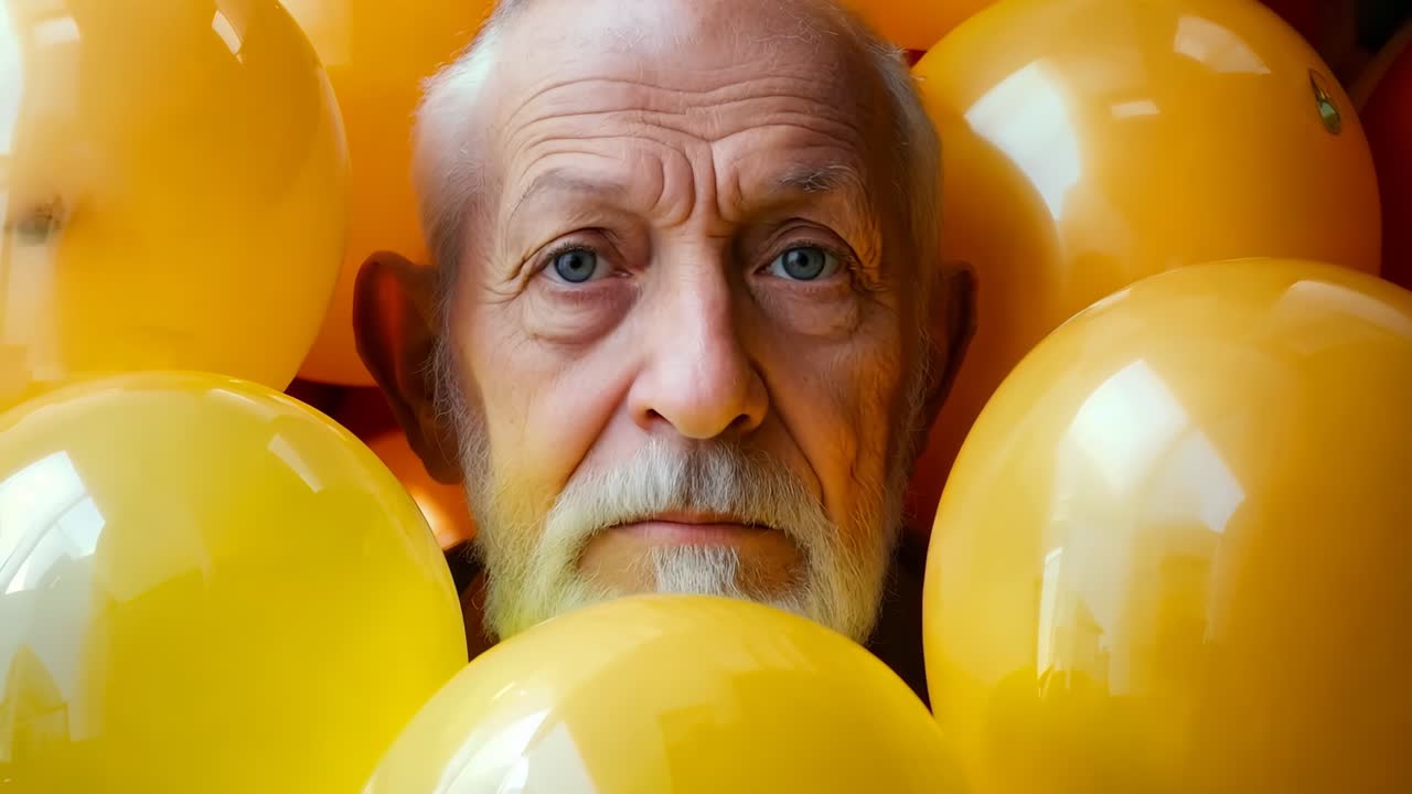 un hombre con una barba blanca y un bigote blanco rodeado de globos amarillos