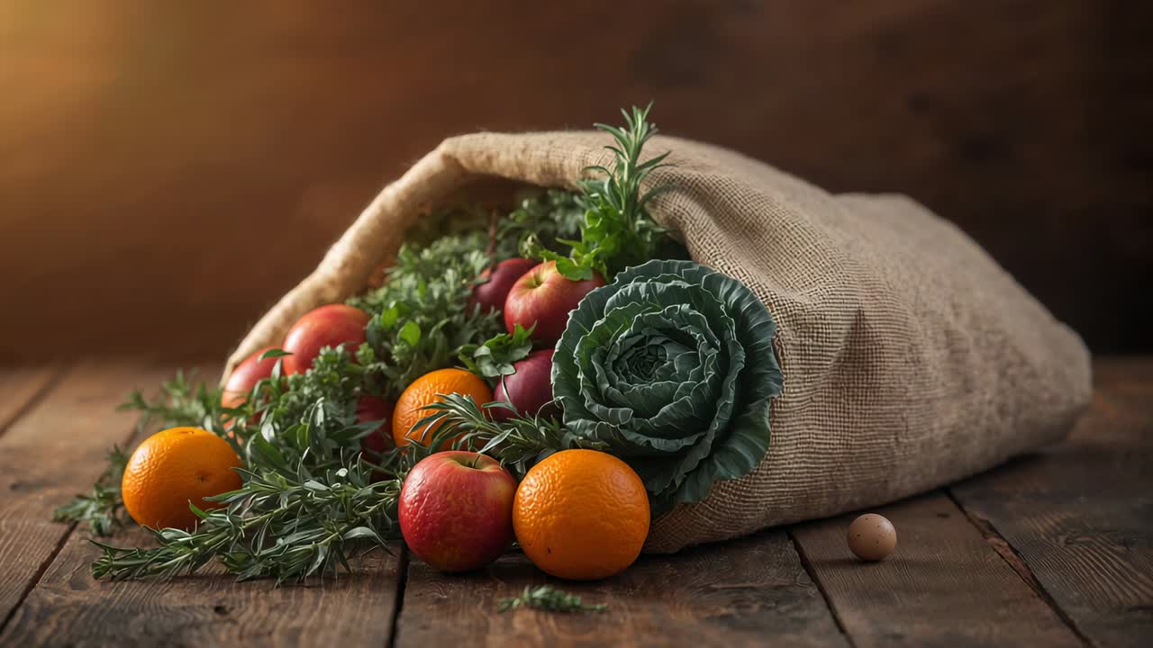 Camera shifting inward toward burlap sack on worn wood tabletop, revealing cabbage, apples, oranges