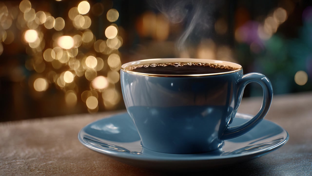 Uma Experiência de Café Serena: Uma xícara fumegante em um ambiente aconchegante com luzes cintilantes criando uma atmosfera relaxante para prazer e reflexão.