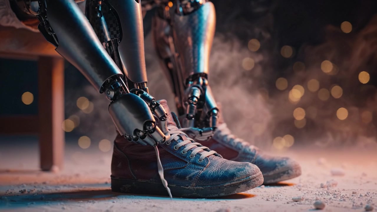 A robotic figure sits gracefully while tying its shoelaces, showcasing the intersection of technology and everyday human activities in a captivating visual scene.